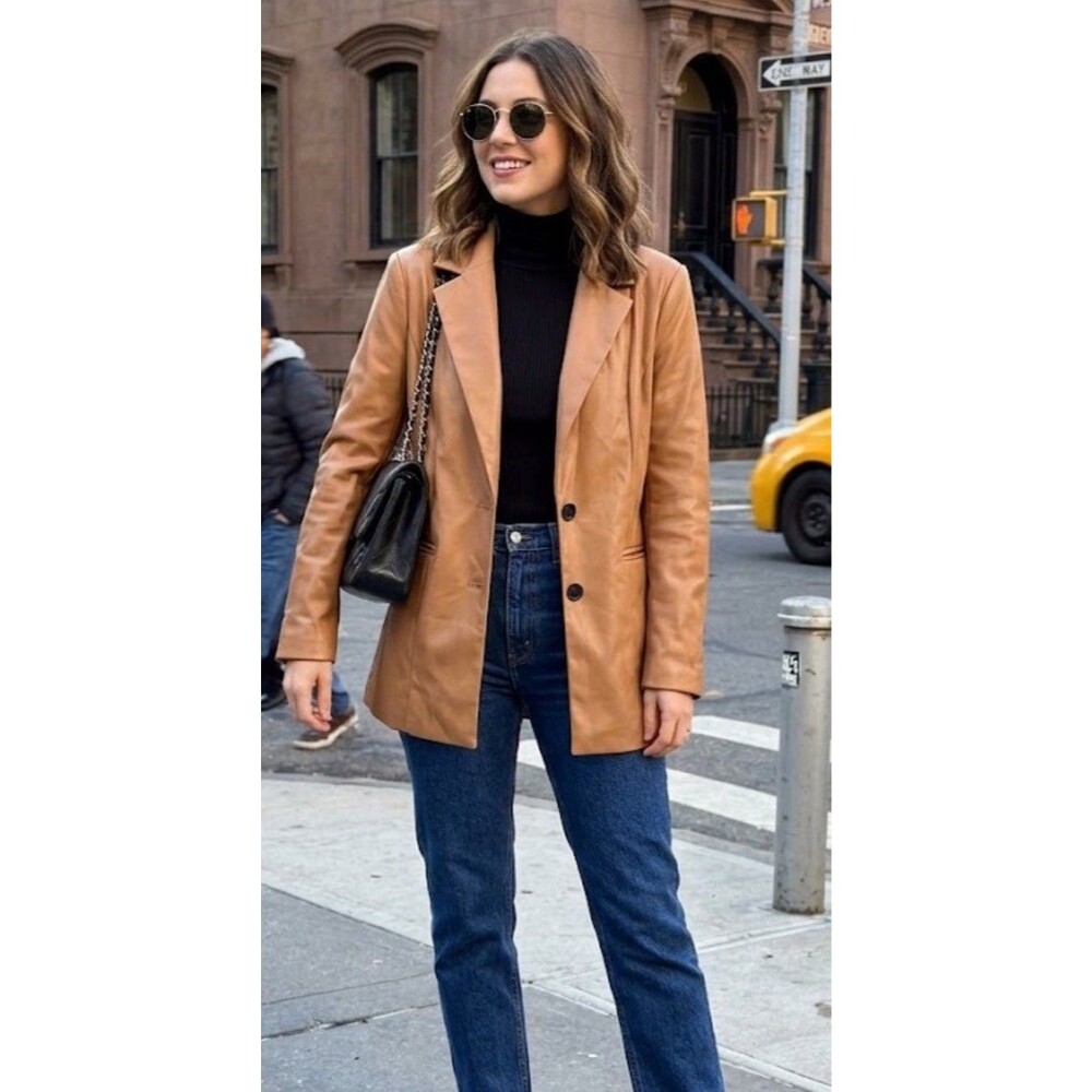 Avec Les Filles Tan Brown Faux Leather Blazer Jacket City Retro Luxury Medium